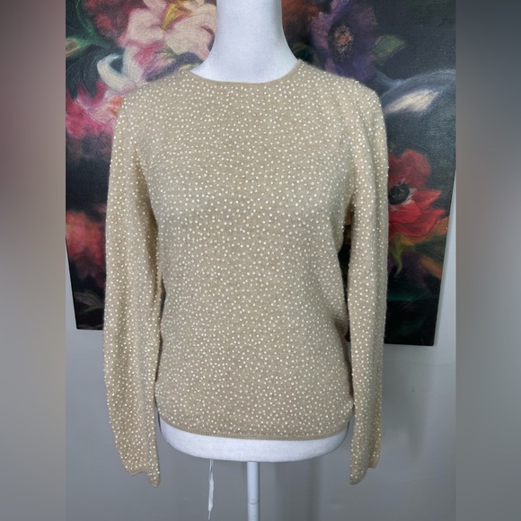 Vertical Design 2 ply cashmere Full Sequined Crewneck sweater Sz M Tan Holiday - Picture 2 of 10